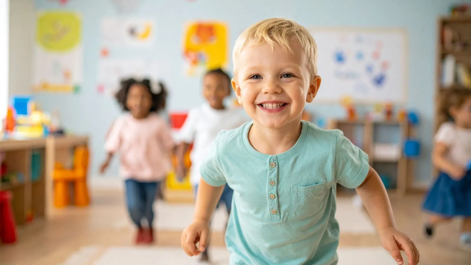 Happy children playing and learning in a bright, modern daycare center