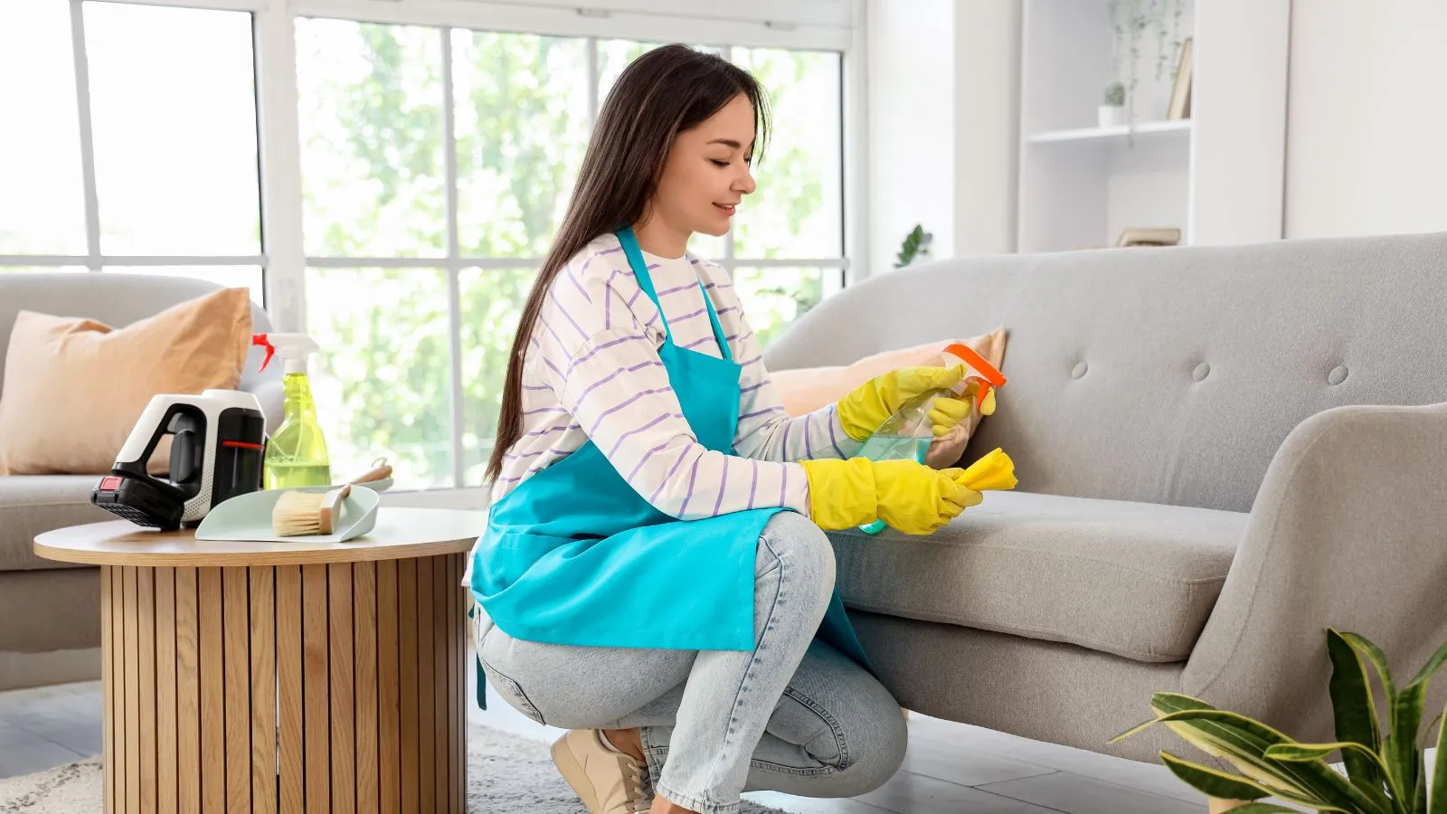 Professional house cleaner tidying a modern living room
