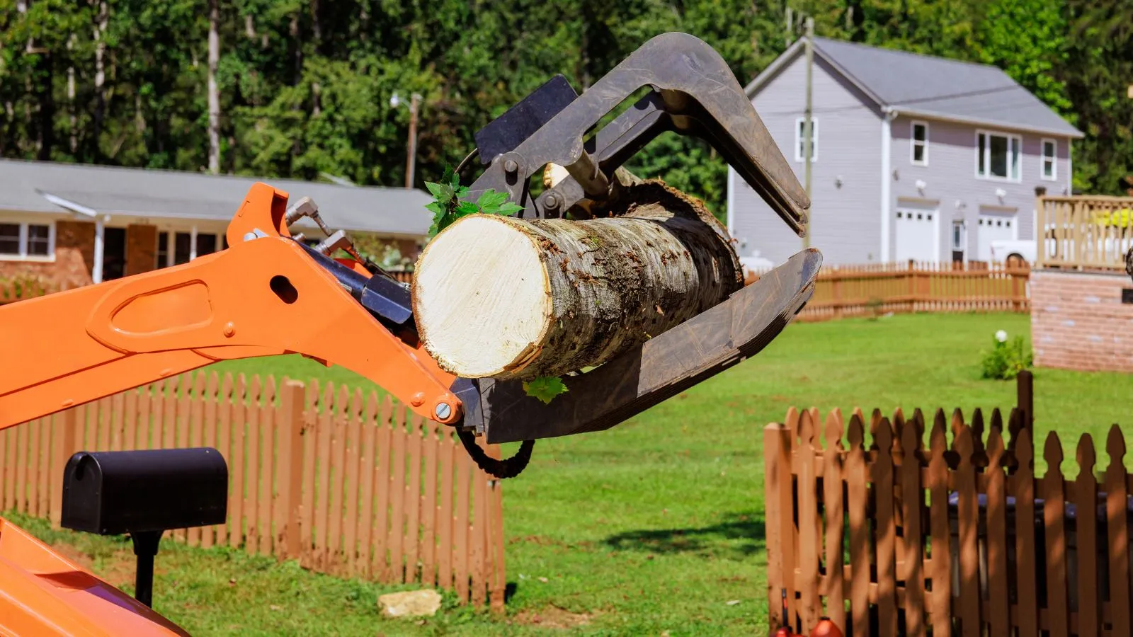 Equipment lifts tree log in backyard during removes fallen tree